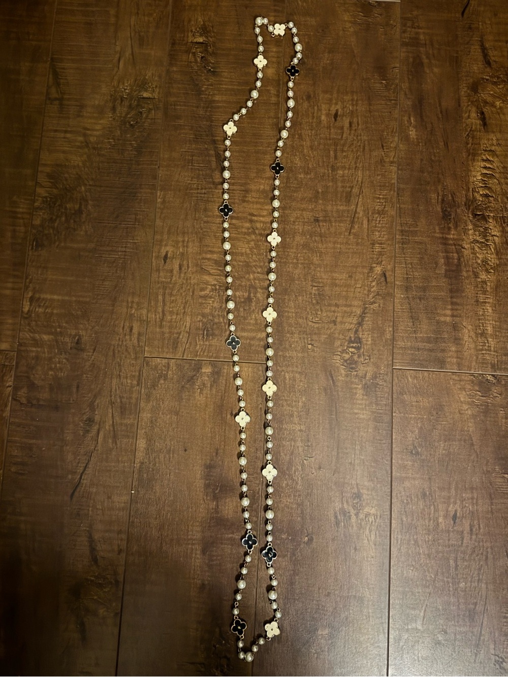 Long Pearl and Black Flower Pendant Necklace - Women Jewelry